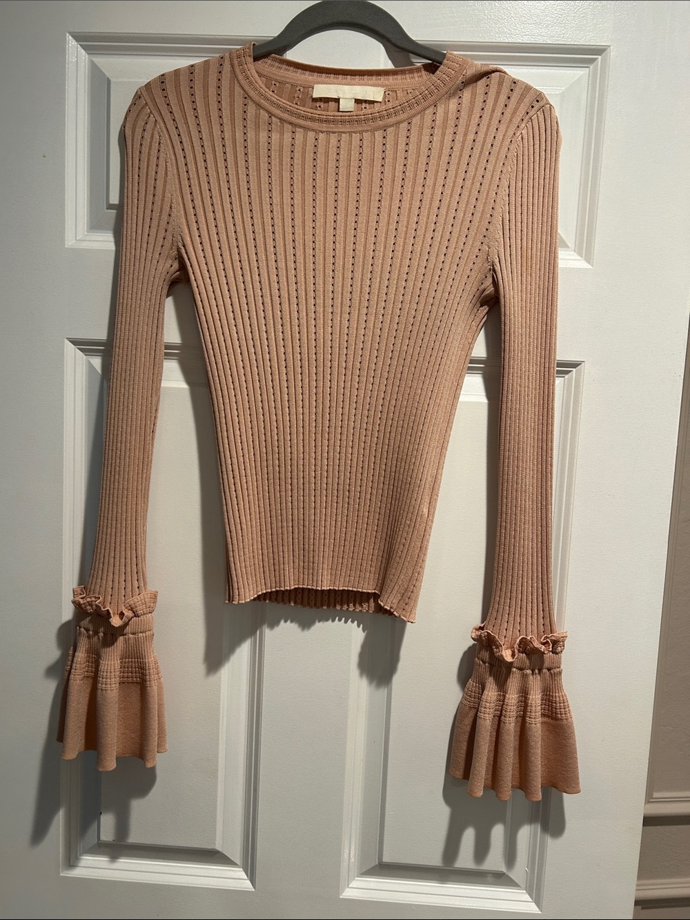 Jonathan Simkhai Ribbed Long-Sleeve Top with Ruffle Bell Cuffs - Blush Pink